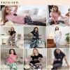 Ekouaer Pajama Sets for Women Short Sleeve Pj Set V Neck Sleepwear Chest Pocket with Long Pants Casual Loose Loungewear Pink-black flower S view 2