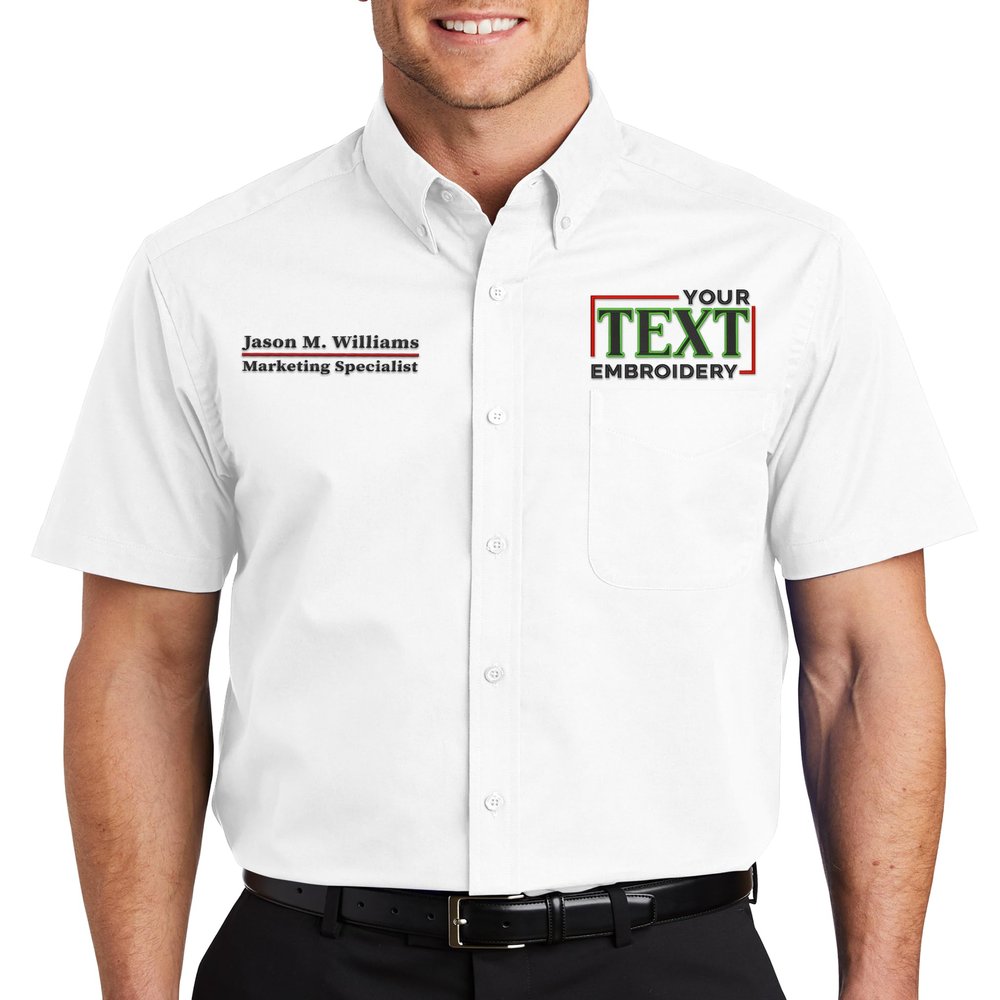 Custom Short Sleeve Embroidered Button Up Shirts for Men Add Your Text Personalized Embroidery Easy Care Shirts White/Light Stone