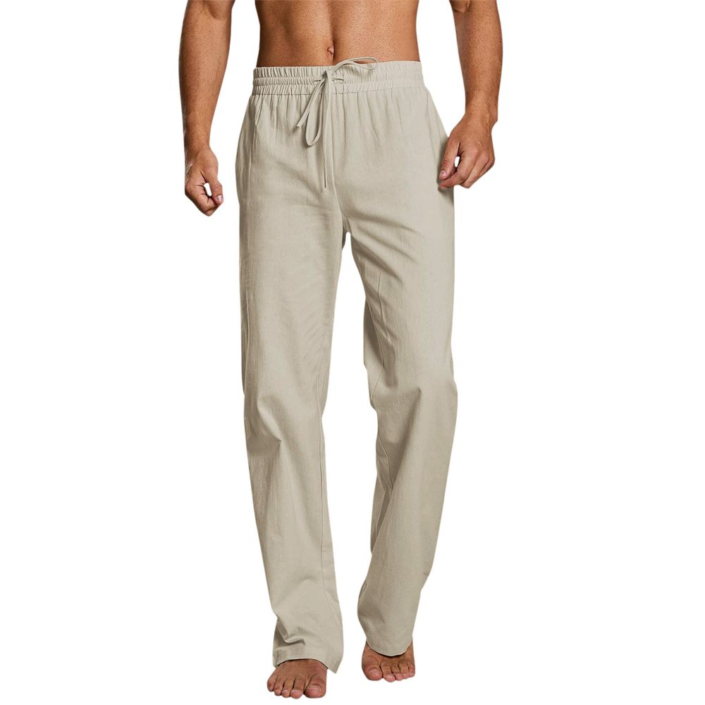 GOKKILRW Linen Pants for Men Quick Dry Lightweight Boho Lace Up Plain Color Straight Leg Loose Pants Outdoor Hiking Yoga Pants Summer Elastic Pj Lounge Trousers Beige
