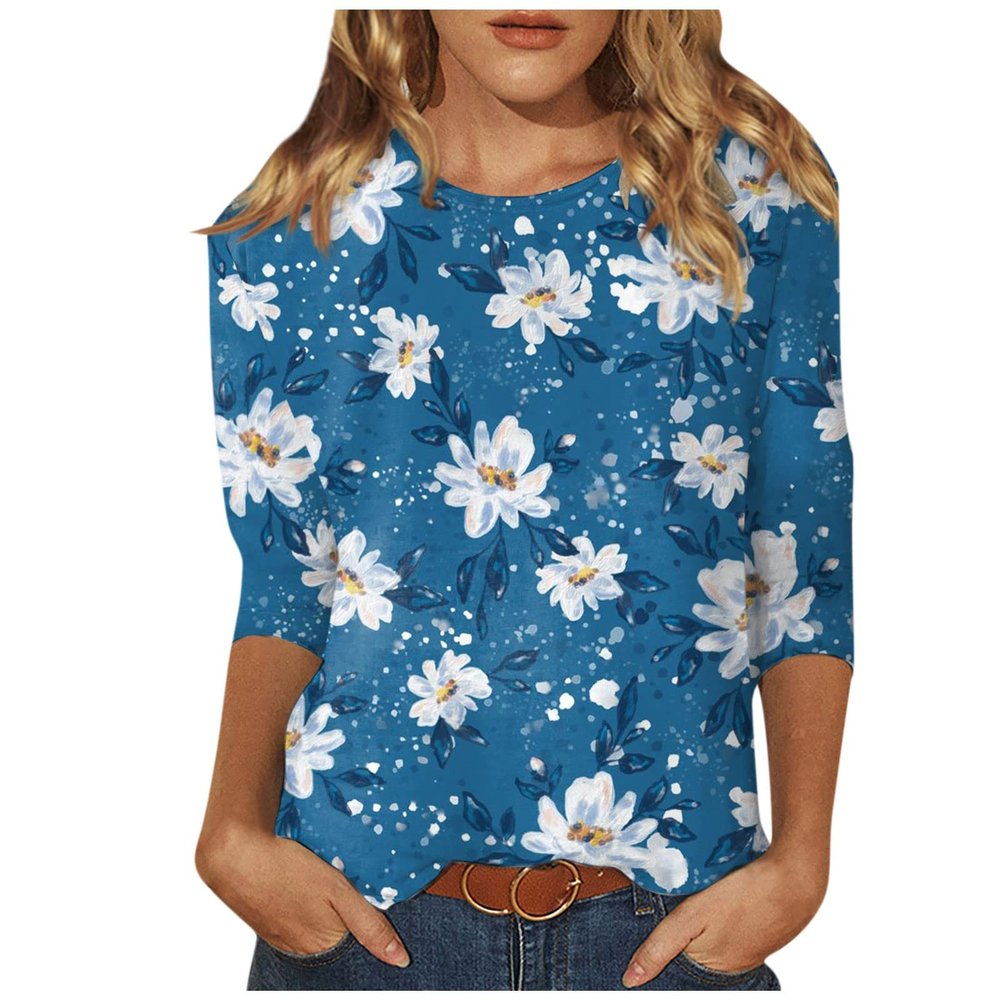 3/4 Length Sleeve Womens Tops 2025 Crewneck T-Shirts Loose Fit Tunic Blouses Floral Printed Summer Tees Three Quarter Sleeve Tshirts Vacation Clothes Blue Large