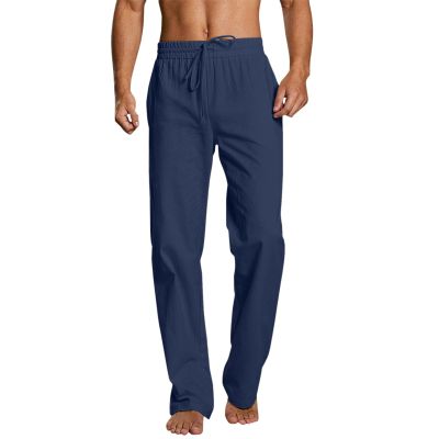 GOKKILRW Linen Pants for Men Quick Dry Lightweight Boho Lace Up Plain Color Straight Leg Loose Pants Outdoor Hiking Yoga Pants Summer Elastic Pj Lounge Trousers Navy