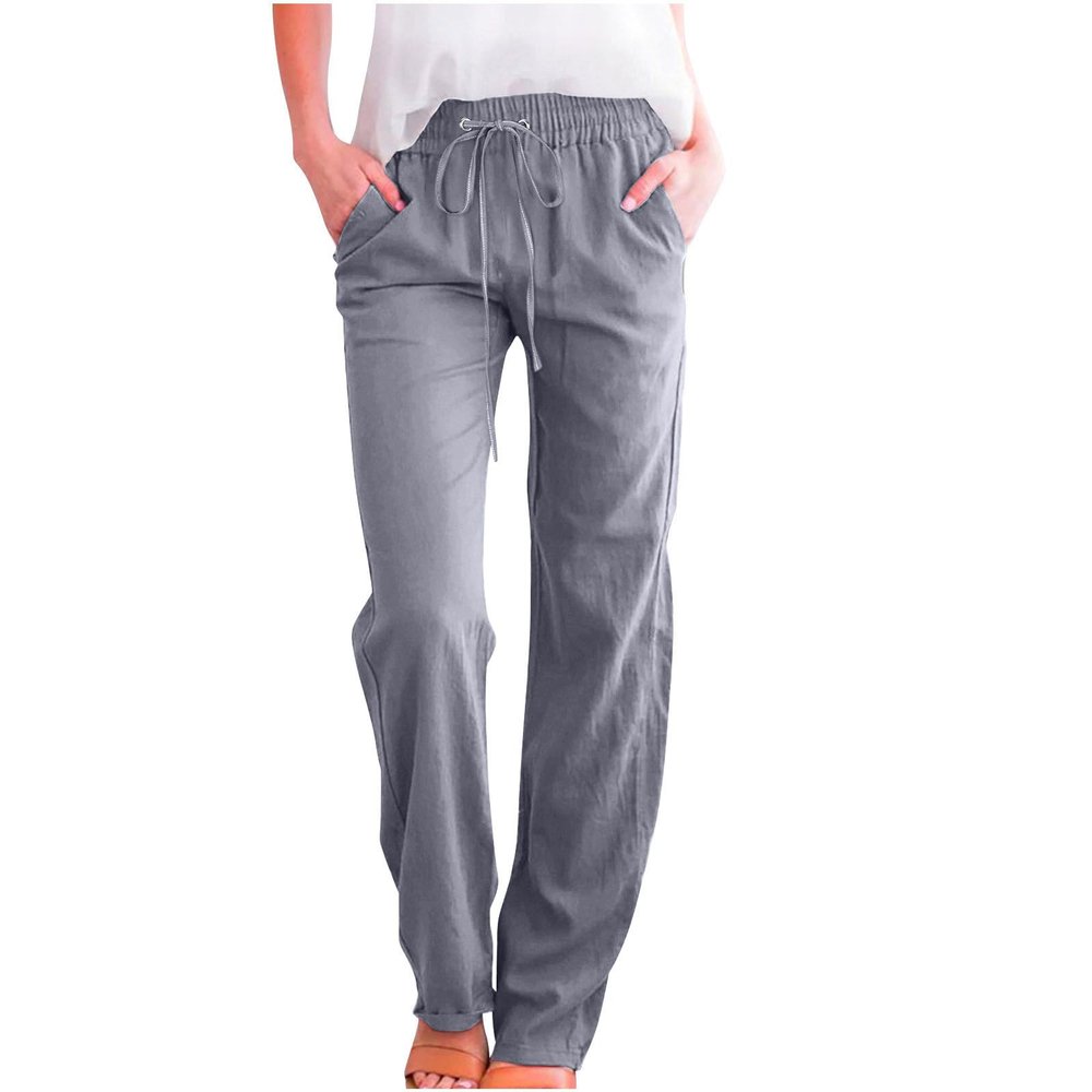 LRMQS Womens Casual Linen Pants 2024 Spring Drawstring Elastic Waist Trousers with Pockets Lounge Fashion Vacation Clothing