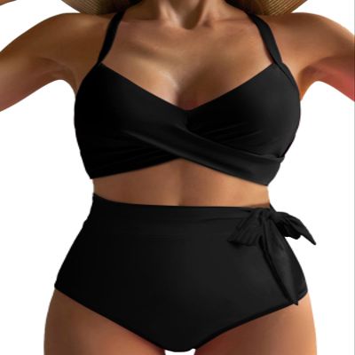 Dokotoo Womens Swimsuits Bikini Set for Women 2 Piece High Waisted Bikinis Summer 2025 Beach Vacation Essentials Adjustable Straps Cross Front Bathing Suits Tummy Control Swim Suits,Black Small