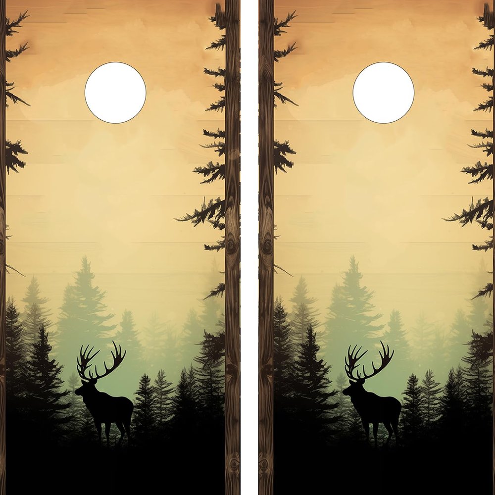 Pair of Waterproof Cornhole Board Wraps- Decals ONLY- Forest & Moose - Art - Laminated - Easy to Apply
