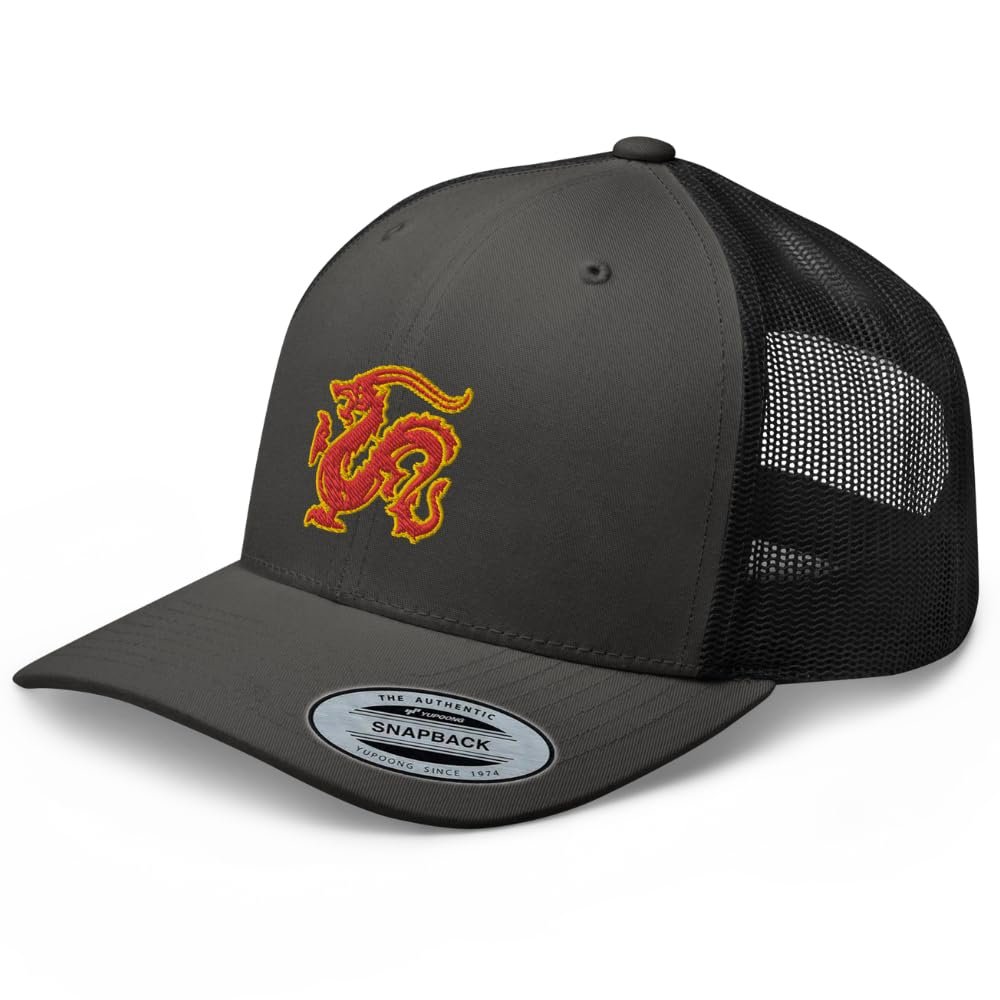 RIVEMUG Chinese Dragon Curved Bill Embroidered Trucker Hat Mid Crown Adjustable Chinese Zodiac Cap Charcoal/Black