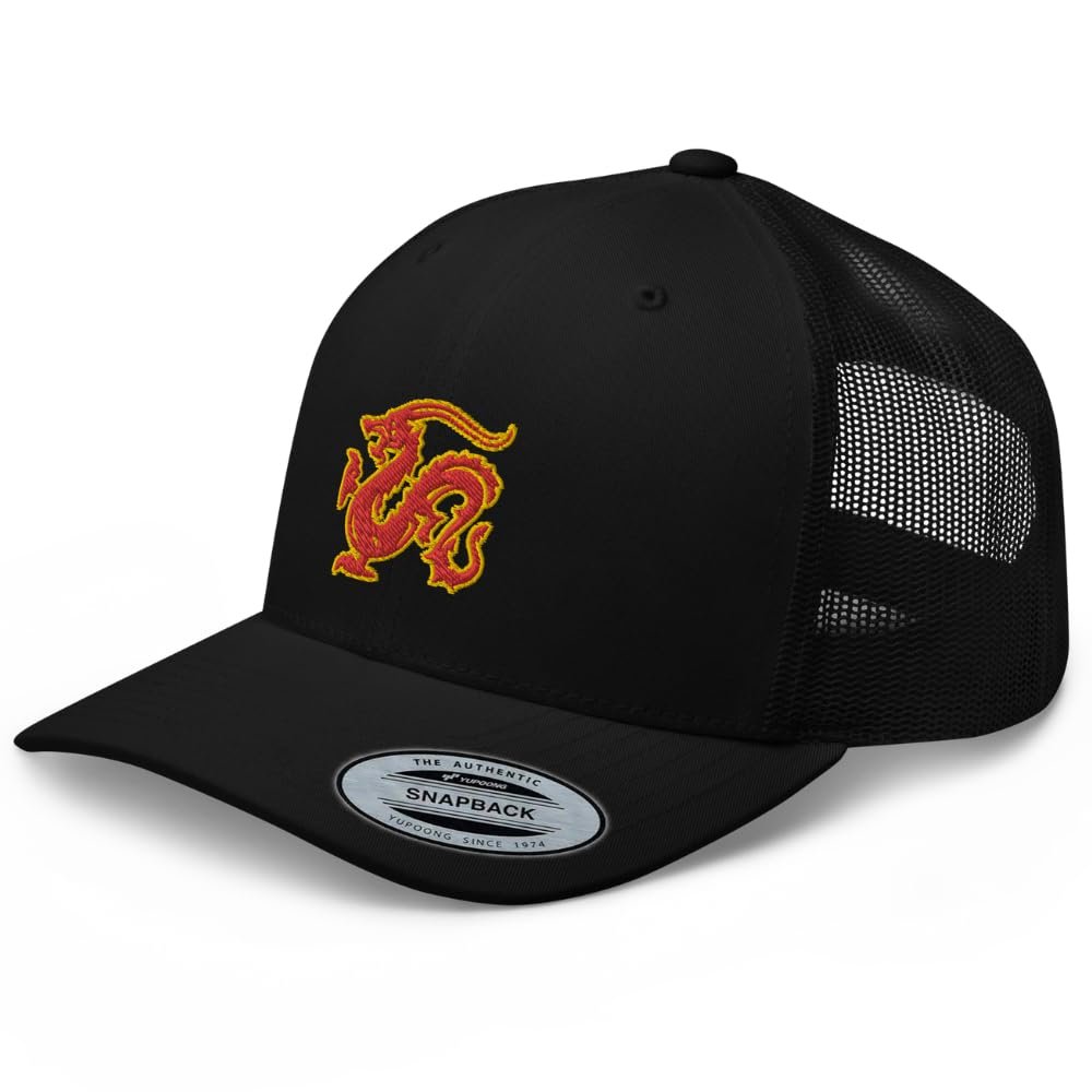 RIVEMUG Chinese Dragon Curved Bill Embroidered Trucker Hat Mid Crown Adjustable Chinese Zodiac Cap Black