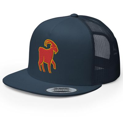 RIVEMUG Chinese Goat Flat Bill Embroidered Trucker Hat High Crown Adjustable Chinese Zodiac Cap Navy