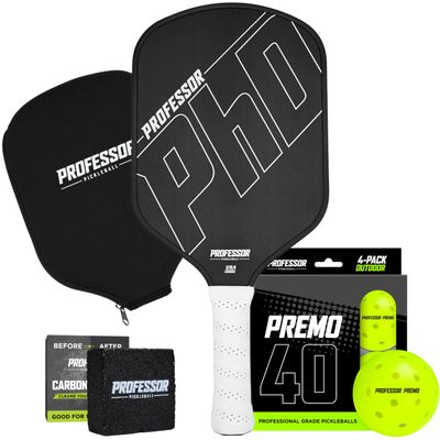 Professor PhD Raw Carbon Fiber Ultimate Player Bundle - Cover + Premo40 4-Pack Outdoor Pickleball + Carbon Cleaner Paddle Eraser