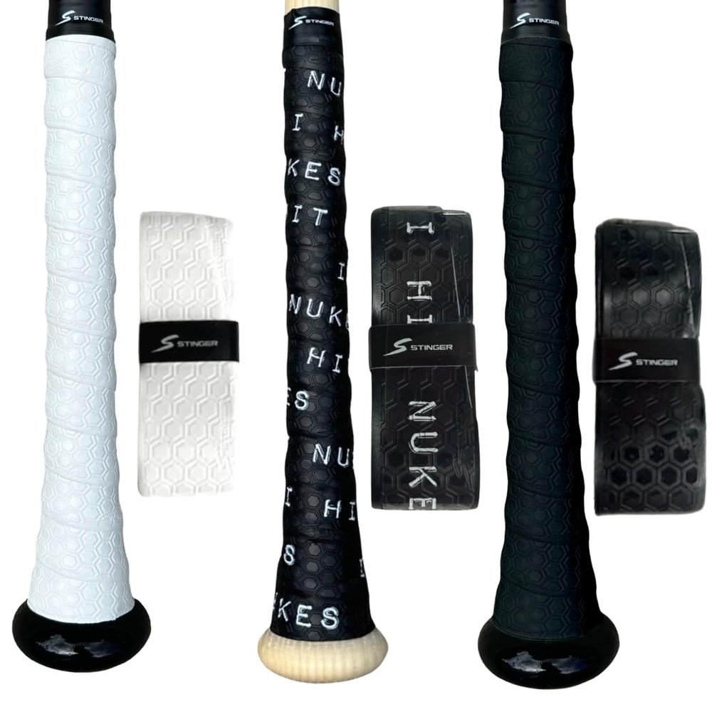 Stinger Premium Polymer Bat Grip(Baseball and Softball) - 3-Pack: Black/White/I Hit Nukes
