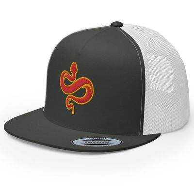 RIVEMUG Chinese Snake Flat Bill Embroidered Trucker Hat High Crown Adjustable Chinese Zodiac Cap Charcoal/White