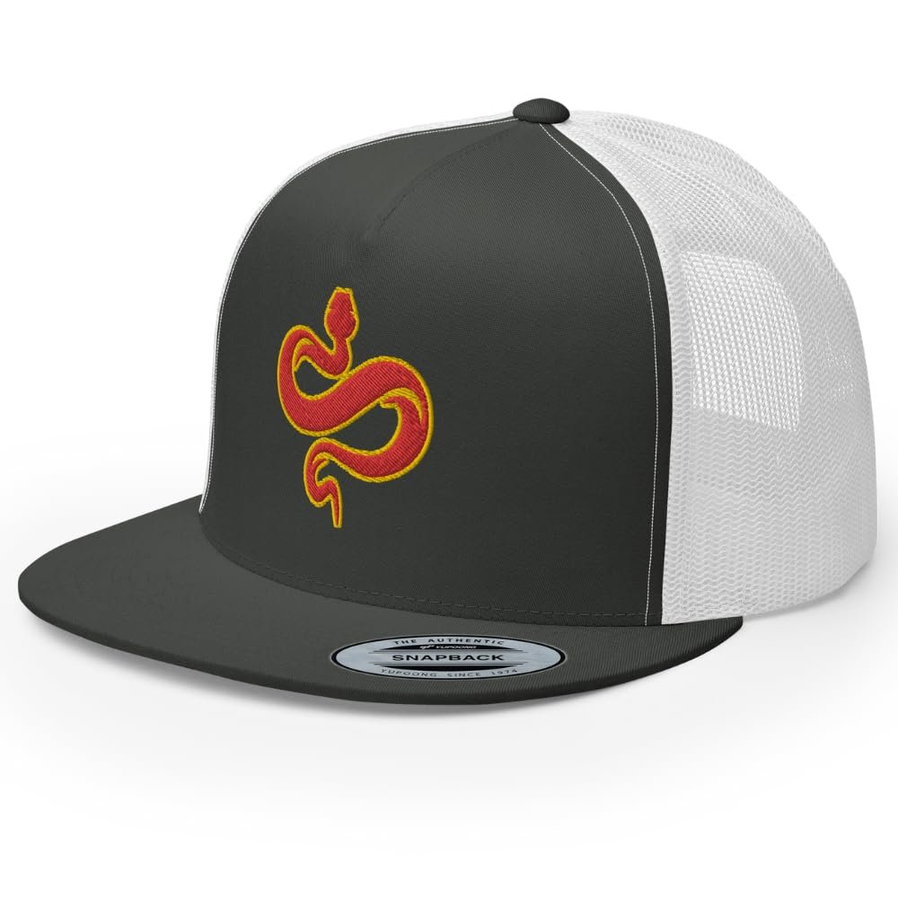 RIVEMUG Chinese Snake Flat Bill Embroidered Trucker Hat High Crown Adjustable Chinese Zodiac Cap Charcoal/White