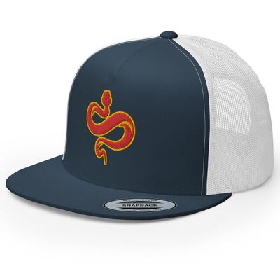 RIVEMUG Chinese Snake Flat Bill Embroidered Trucker Hat High Crown Adjustable Chinese Zodiac Cap Navy/White