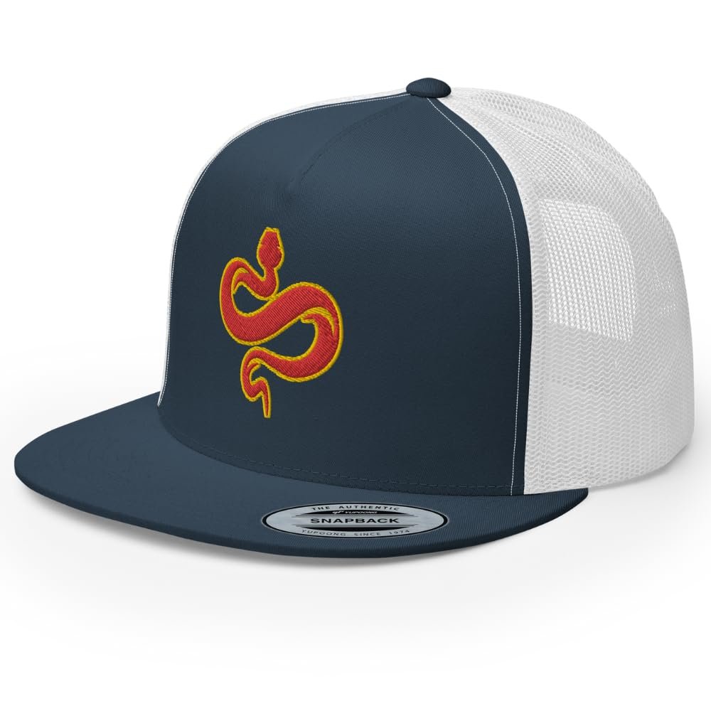 RIVEMUG Chinese Snake Flat Bill Embroidered Trucker Hat High Crown Adjustable Chinese Zodiac Cap Navy/White