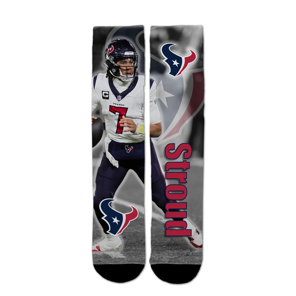 FBF - Officially Licensed NFL Drive Player Sublimation Youth Size Kids Crew Socks Approximately 4-8 years old (Youth, CJ Stroud - Houston Texans)