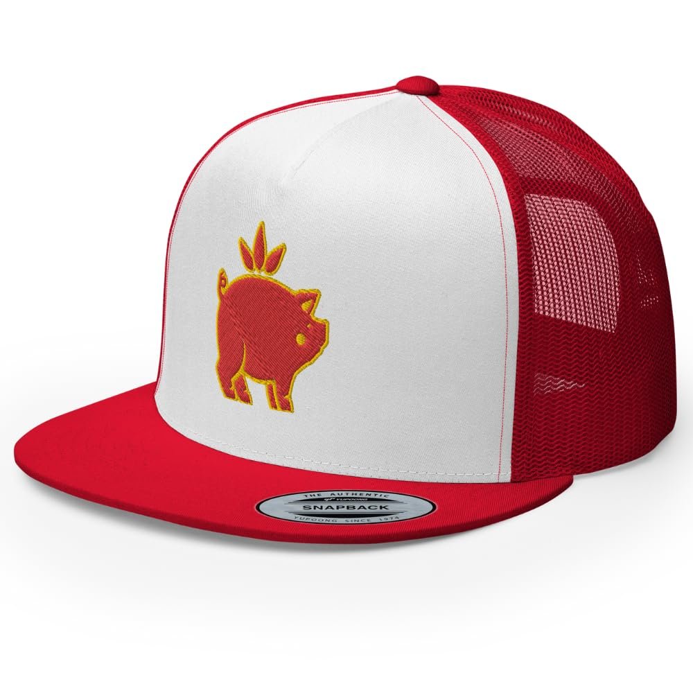RIVEMUG Chinese Pig Flat Bill Embroidered Trucker Hat High Crown Adjustable Chinese Zodiac Cap