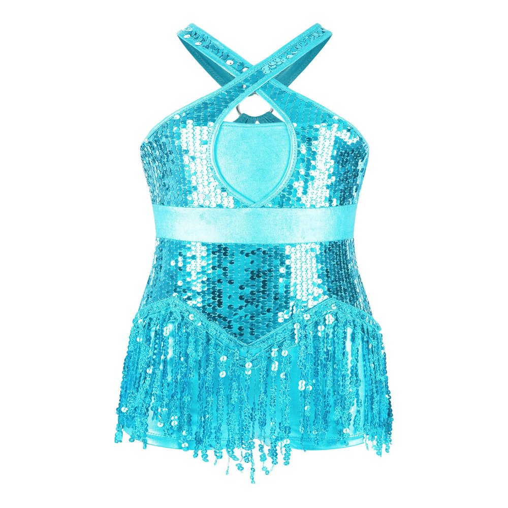 ACSUSS Kids Girls Latin Ballroom Dance Dress Metallic Sequins Tassel Skirt Leotard Modern Jazz Tap Costume Dancewear Sky Blue 12 Years