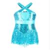 ACSUSS Kids Girls Latin Ballroom Dance Dress Metallic Sequins Tassel Skirt Leotard Modern Jazz Tap Costume Dancewear Sky Blue 12 Years view 1