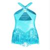 ACSUSS Kids Girls Latin Ballroom Dance Dress Metallic Sequins Tassel Skirt Leotard Modern Jazz Tap Costume Dancewear Sky Blue 12 Years view 2