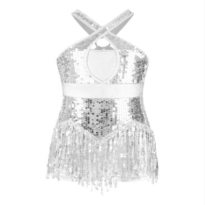 ACSUSS Kids Girls Latin Ballroom Dance Dress Metallic Sequins Tassel Skirt Leotard Modern Jazz Tap Costume Dancewear Silver 12 Years