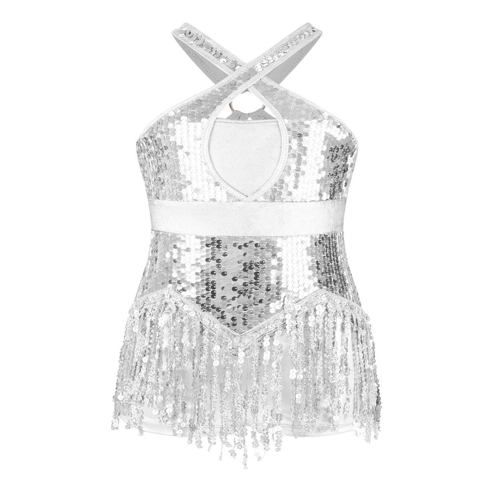 ACSUSS Kids Girls Latin Ballroom Dance Dress Metallic Sequins Tassel Skirt Leotard Modern Jazz Tap Costume Dancewear Silver 12 Years