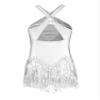 ACSUSS Kids Girls Latin Ballroom Dance Dress Metallic Sequins Tassel Skirt Leotard Modern Jazz Tap Costume Dancewear Silver 12 Years view 2