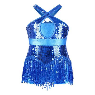 ACSUSS Kids Girls Latin Ballroom Dance Dress Metallic Sequins Tassel Skirt Leotard Modern Jazz Tap Costume Dancewear Blue 10 Years