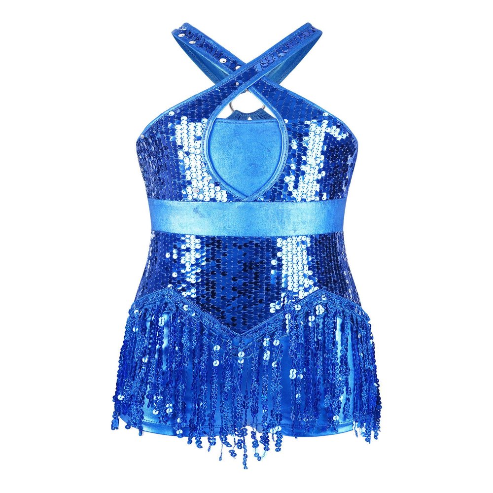 ACSUSS Kids Girls Latin Ballroom Dance Dress Metallic Sequins Tassel Skirt Leotard Modern Jazz Tap Costume Dancewear Blue 10 Years