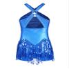 ACSUSS Kids Girls Latin Ballroom Dance Dress Metallic Sequins Tassel Skirt Leotard Modern Jazz Tap Costume Dancewear Blue 10 Years view 2