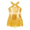 ACSUSS Kids Girls Latin Ballroom Dance Dress Metallic Sequins Tassel Skirt Leotard Modern Jazz Tap Costume Dancewear Gold 12 Years view 1
