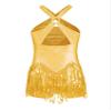 ACSUSS Kids Girls Latin Ballroom Dance Dress Metallic Sequins Tassel Skirt Leotard Modern Jazz Tap Costume Dancewear Gold 12 Years view 2