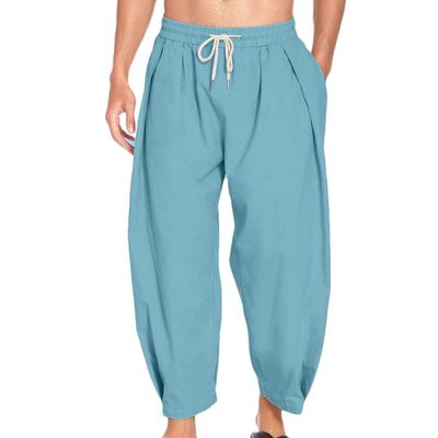 JEsilunmaMY Causal Cotton Linen Harem Pants for Men Elastic Waist Drawstring Beach Pants Lightweight Yoga Pants with Pocket (Blue,Small)