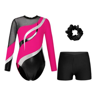 FEESHOW Girls Kids Sequin Metallic Gymnastics Leotard with Shorts Outfits 2pcs Athletic Bodysuit Hot Pink&Black C 16 Years