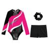 FEESHOW Girls Kids Sequin Metallic Gymnastics Leotard with Shorts Outfits 2pcs Athletic Bodysuit Hot Pink&Black C 16 Years view 3