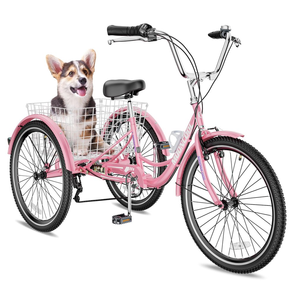 Barbella 20/24/26 inch Adult Tricycle 7 Speed 3 Wheel Bike Adult Trikes, Three-Wheeled Bicycles Cruise Trike with Basket for Seniors, Women, Men for Recreation Shopping, Light Pink