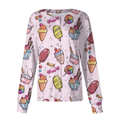 Printed Scrub Jackets for Woman Print Long Sleeve Plus Size Womens Scrubs for Women Nursing Jacket with Pockets Pink 2XL