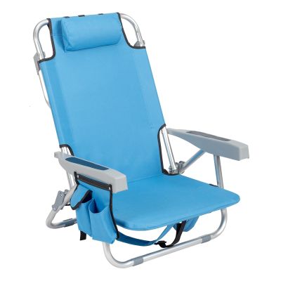 32 inch Short Beach Chair with Lay Flat Option Reclining Backpack Camping Sports Event Chair for Sunbathing, Fishing with Cup Pouches 220lbs Capacity Lightweight Aluminum Frame Oxford Fabric Blue
