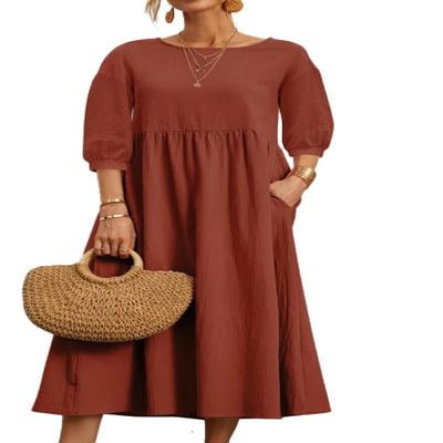 Akivide Women Cotton Linen Flowy Maxi Dress Summer Casual Crewneck Half Sleeve Beach Vacation Long Tunic Tshirt Dress Plus Size with Pocket