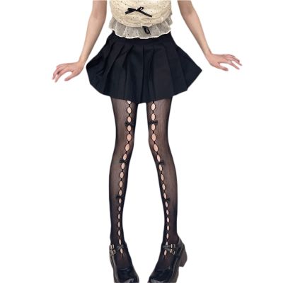 Awoscut Y2k Fishnet Stockings, Lace Socks Pants, Women Cutout Bowknot High Waist Stockings Lingerie Pantyhose (Black Style 2, One Size)