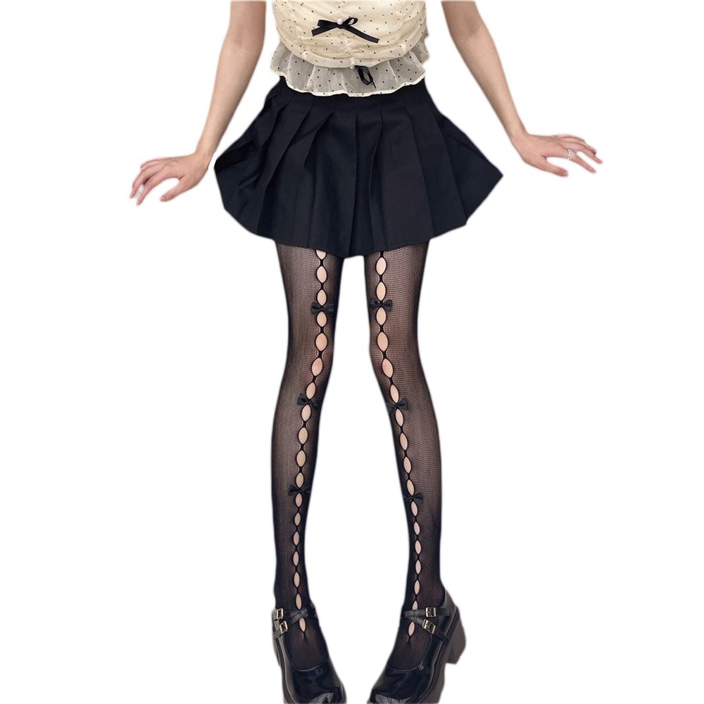 Awoscut Y2k Fishnet Stockings, Lace Socks Pants, Women Cutout Bowknot High Waist Stockings Lingerie Pantyhose (Black Style 2, One Size)