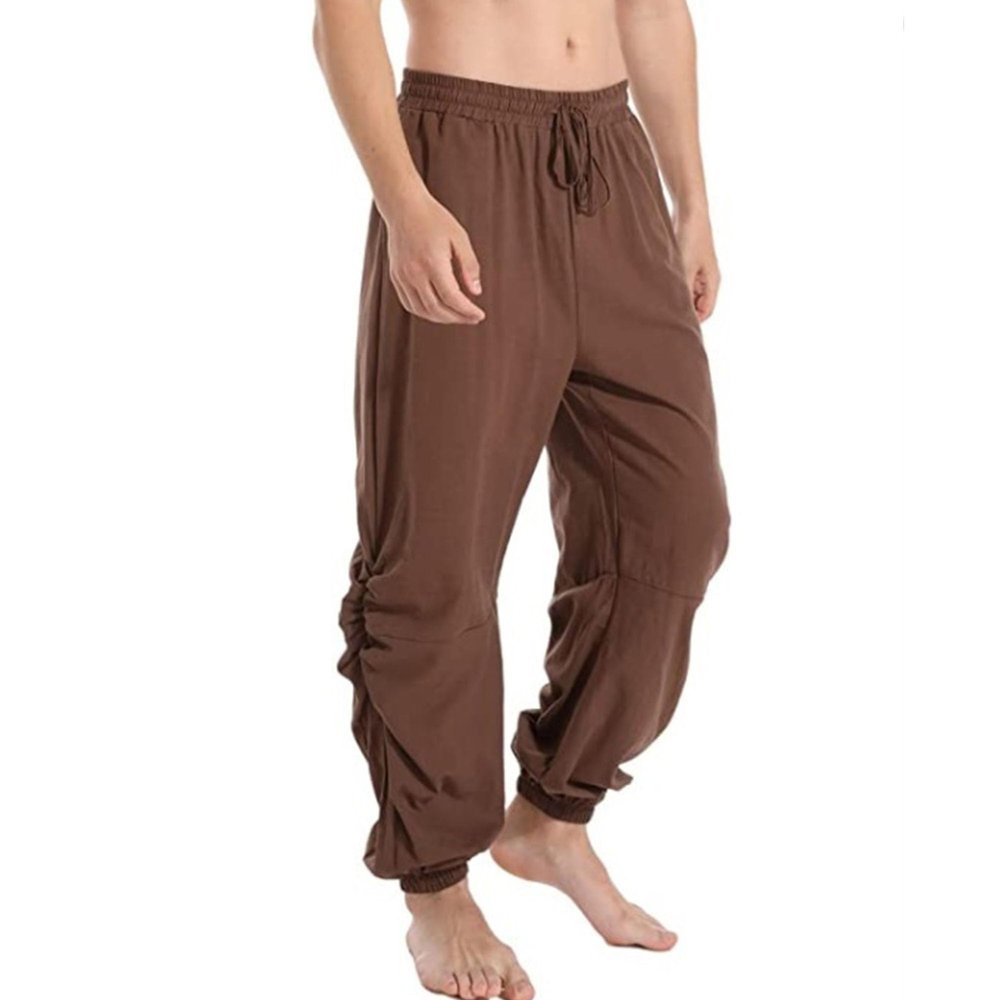 JEsilunmaMY Men's Solid Color Casual Harem Pants Elastic Waist Drawstring Cotton Linen Trousers Loose Casual Beach Yoga Pants (Dark Brown,4X-Large)
