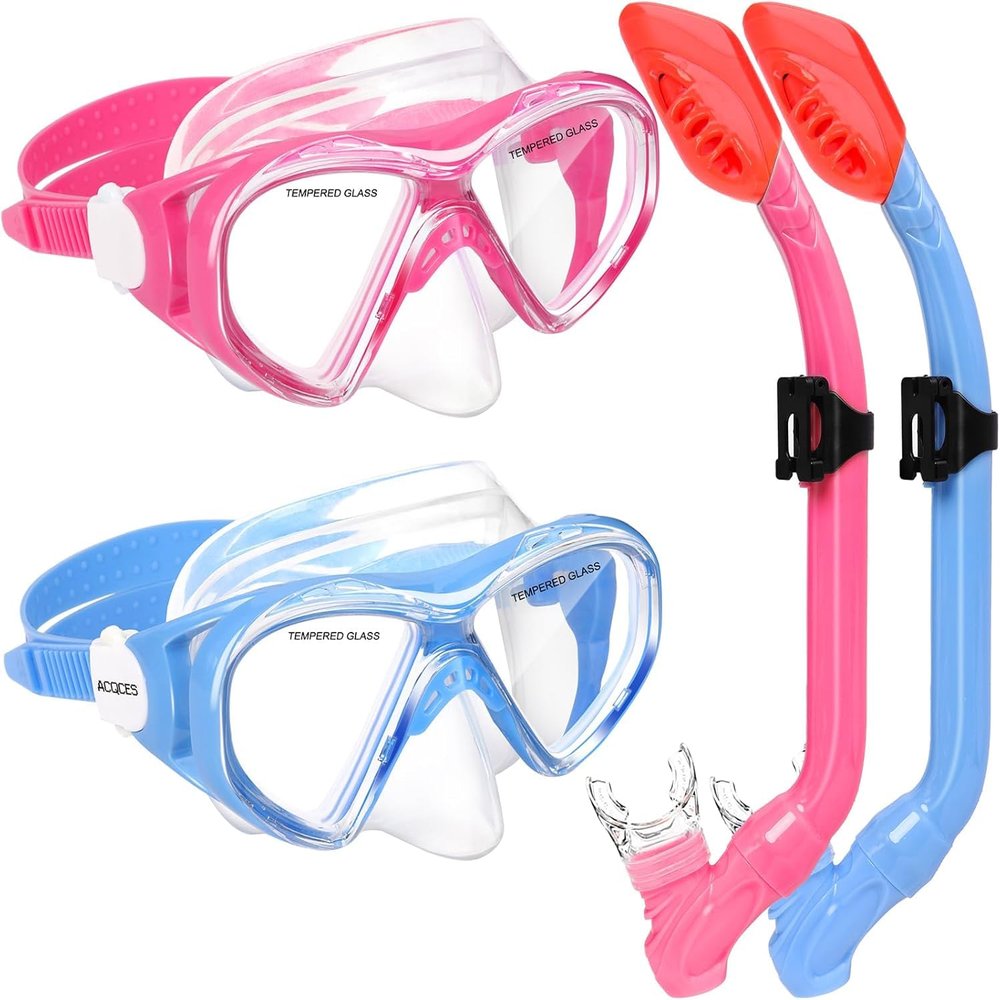 2 Sets Snorkeling Gear for Kids, Kids Snorkel Set for Ages 6-14, Dry Top Snorkel Mask Set for Youth Boys Girls Junior, Tempered Glass Diving Swimming Mask Goggles