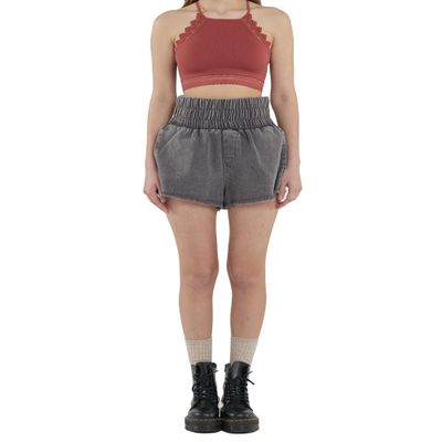 noflik Women's 100% Cotton Mineral Wash High Rise Wide Elastic Waistband Smocked Relaxed Fit Shorts with Pockets(Dk.Grey, Large)