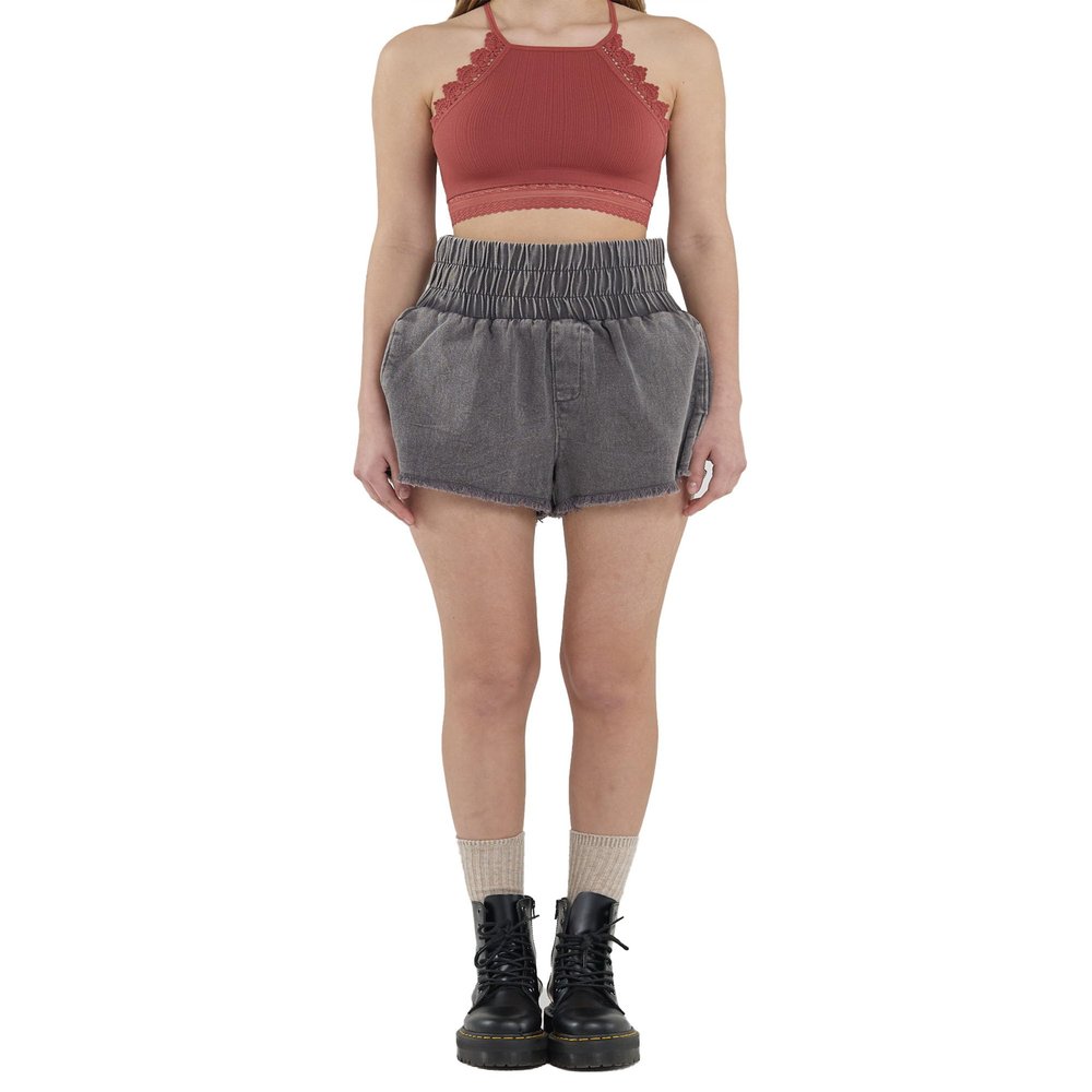 noflik Women's 100% Cotton Mineral Wash High Rise Wide Elastic Waistband Smocked Relaxed Fit Shorts with Pockets(Dk.Grey, Large)