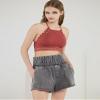 noflik Women's 100% Cotton Mineral Wash High Rise Wide Elastic Waistband Smocked Relaxed Fit Shorts with Pockets(Dk.Grey, Large) view 2
