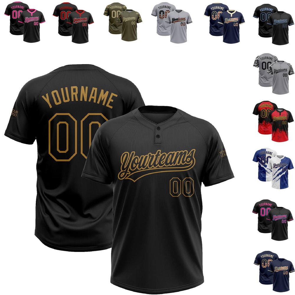 Customize Black Old Gold Baseball Jerseys Solid Color Softball Jerseys Personalized Lightweight 2-Button Baseball Tee Shirts Short Sleeve Team Uniform Stitched Name Number Logo Unisex Youth Kids
