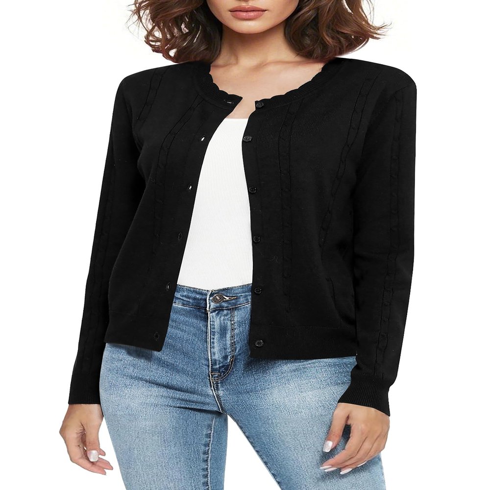 Urban CoCo Women's Crew Neck Button Front Cardigan Sweaters Long Sleeve Open Front Soft Knit Sweater Outfits(Black,M)