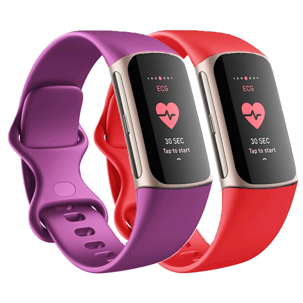 Replacement Bands Compatible with Fitbit Charge 6 / Fitbit Charge 5 Bands for Women Men, Silicone Fitness Sport Wristbands for Women Men Small Purple+Red(2 Pack)