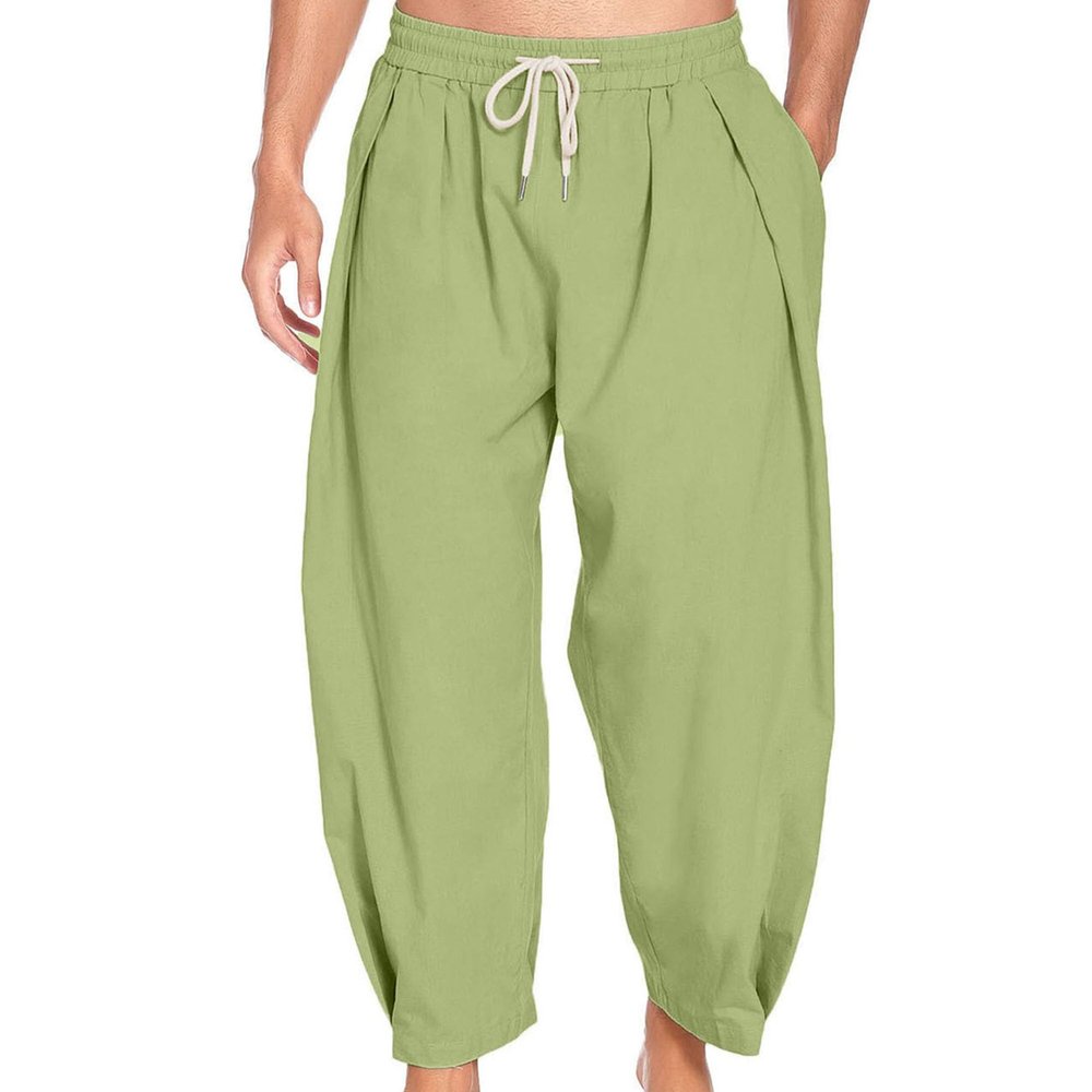 JEsilunmaMY Causal Cotton Linen Harem Pants for Men Elastic Waist Drawstring Beach Pants Lightweight Yoga Pants with Pocket (Green,XX-Large)