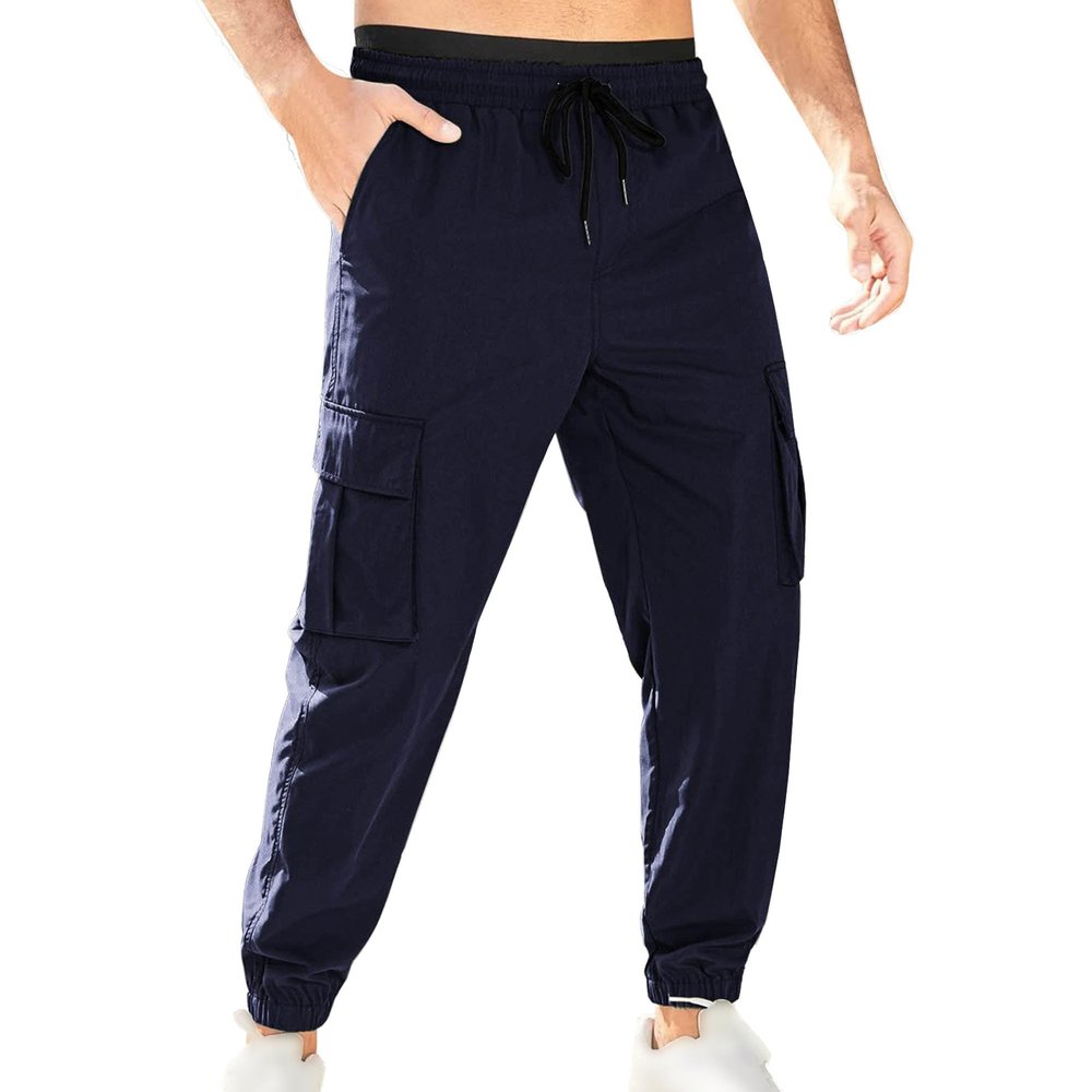 JEsilunmaMY Men's Outdoor Cargo Joggers Pants Side Pockets Elastic Waist Drawstring Sweatpants Workout Athletic Lounge Pants (Dark Blue,3X-Large)