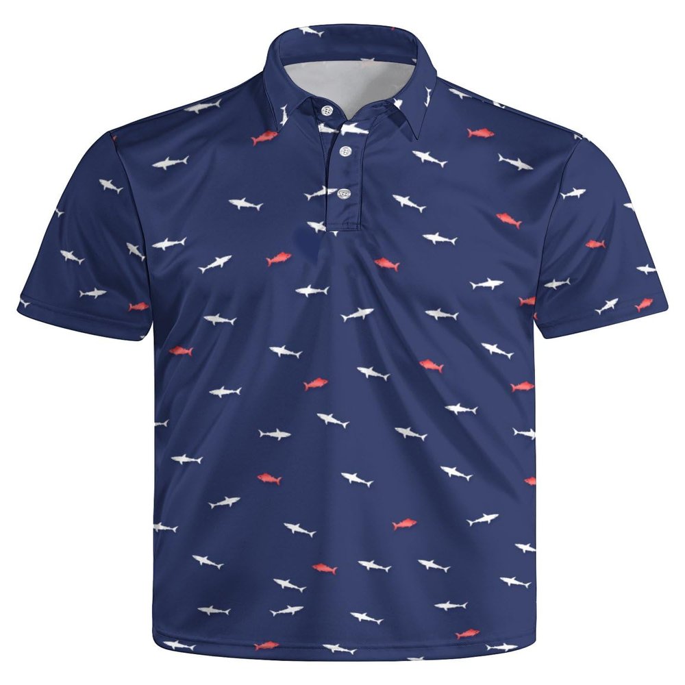 GDEVIG Mens Funny Polo Shirts, Shark Fish Golf Shirts Short Sleeve, Moisture Wicking Quick-Dry Business Casual Shirt for Men